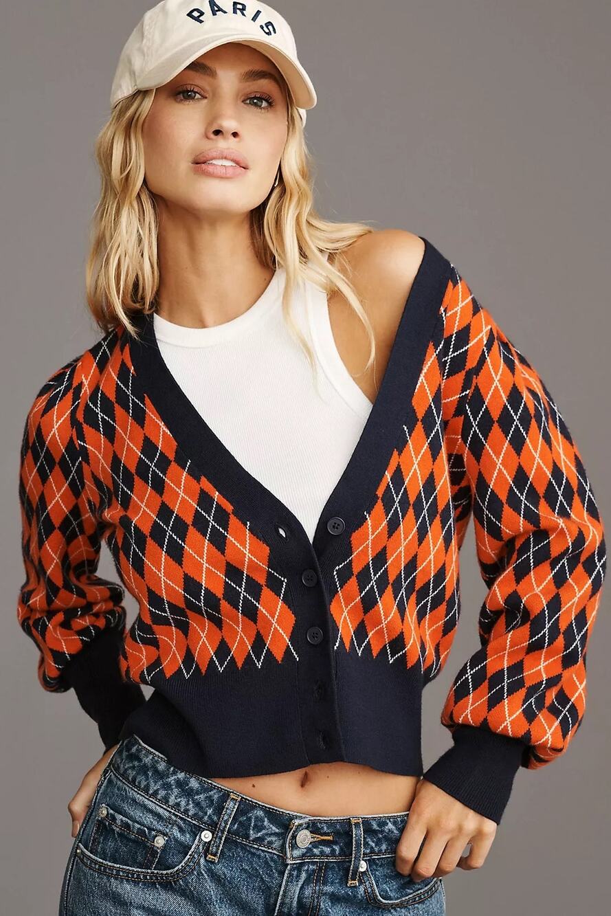 Anthropologie Maeve Balloon-Sleeve Argyle Cardigan Sweater Preppy Old Money